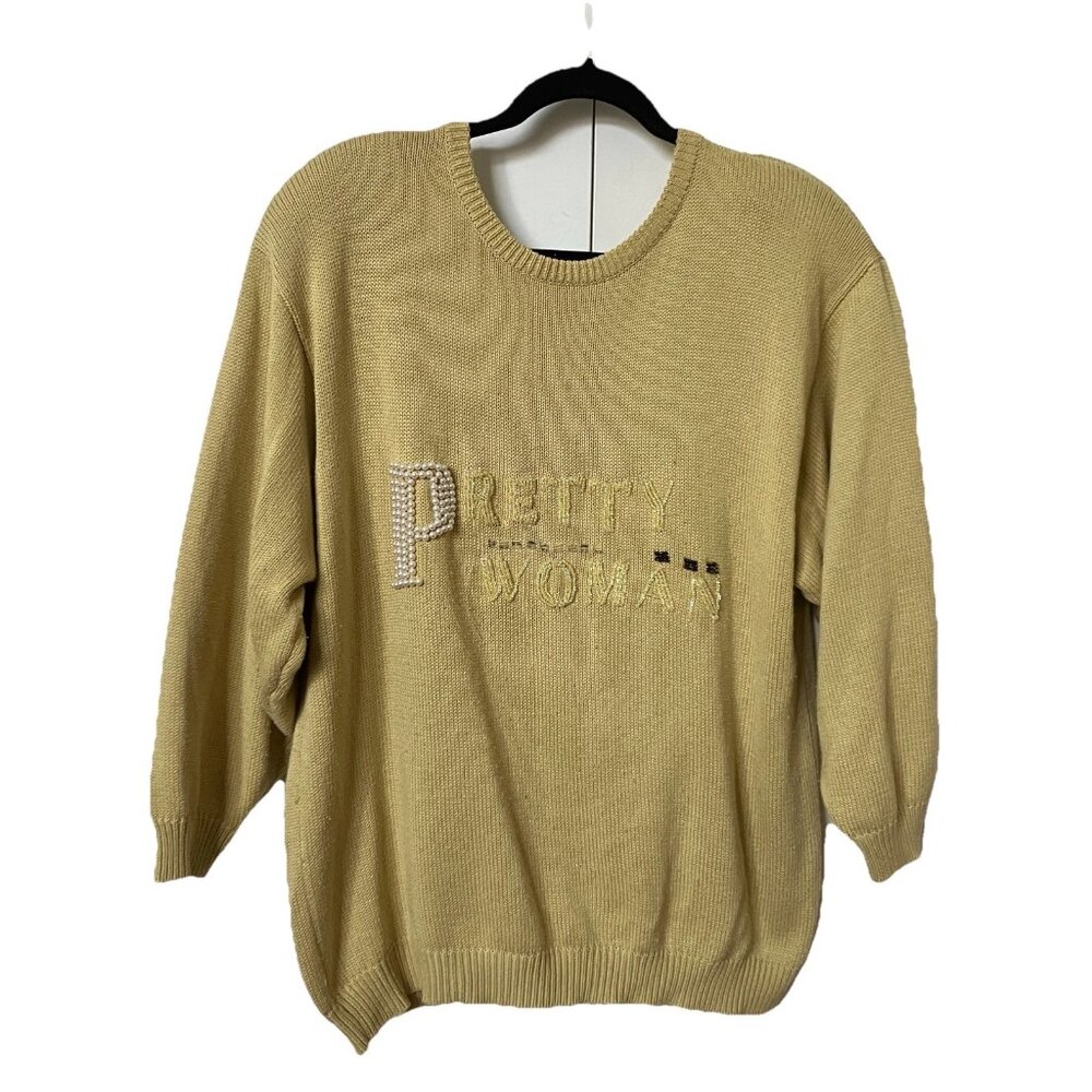 Vintage Biba + Pariscop Pretty Woman Beaded Sweater Retro‎ 80s 90s Yellow Knit